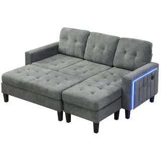 Merax Schlafsofa L-Form Sofa mit LED-Beleuchtung, 185x135x85cm, Flexibles Design,Chenille-Stoff 1 Teile, 3-Sitzer Chaiselongen mit XXL Fußbank, Modulares Sofabett Ecksofa grau