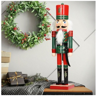 ECD Germany Nussknacker Weihnachten Holzfigur König Puppet Marionette Ornament Nussbrecher, 25cm mit roter Hut und Säbel aus Holz handbemalt Unikat grün|rot|schwarz