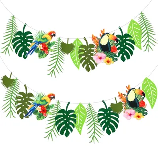 HONMOK 3 Stück Tropische Blätter Banner Girlande Dschungel Party Deko Filz Grüne Palmblätter Banner mit Tropische Vögel für Sommer Luau Aloha Hawaiian Party Dschungel Mottoparty Dekoration