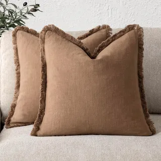 Bebusingoto Set Aus 2 Dekorativen Leinenkissenbezügen Mit Fransen Im Boho-/landhausstil, Mit Quasten, Weicher Kissenbezug, 45 X 45 Cm, Khakibraun