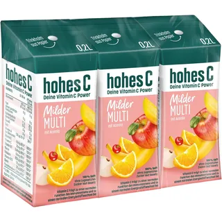 hohes C Milder Multivitamin (3 x 0,2l), 100% Saft, Apfel, Orange, Acerola, Mango, 7 Vitamine, ohne Zuckerzusatz laut Gesetz, weniger Säure, vegan (Packung mit 5)