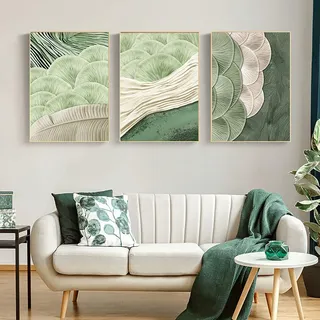 3 Stück abstrakte grüne und weiße Wandkunst Mitte des Jahrhunderts Ginkgo-Blatt Textur Dekor Poster Moderne minimalistische Leinwanddrucke Wanddekoration Bilder für Schlafzimmer Wohnzimmer Küche
