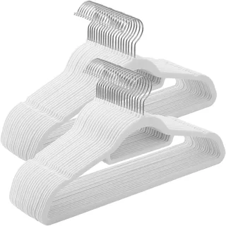 Songmics Kleiderbügel Samt, 50er Set, Bügel, rutschfest, kleine Stange für Krawatten, 360° drehbarer Haken, 0,6 cm dick, platzsparend, 43,5 cm lang, für Mäntel, Hosen, Silber-Weiß CRF020W02 aus Kunststoff, weiß, 43,5cm, 50 Stück