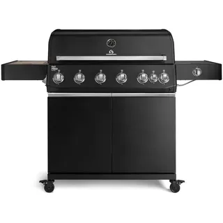 BURNHARD® Gasgrill 6-Brenner, 3,5 kW Edelstahl-Stabbrenner, Infrarot-Keramikbrenner, Heckbrenner, Seitenkochfeld, Gussrost, große Grillfläche, Piezo-Zündung – Fat FRED Deluxe schwarz