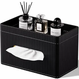KINGFOM Kosmetiktücherbox aus PU Leder, Rechteckige Taschentuchbox mit Ablage, Moderne Tissue Box Taschentuchspender für Wohnzimmer, Badezimmer & Büro (Schwarz)