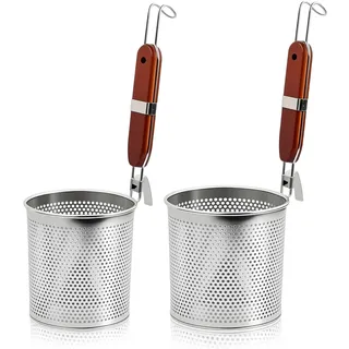 Gykutix 2 Stück Nudelkorb Mikroperforiertes Ramen Sieb Edelstahl, 14cm+12cm Nudelsieb zum Kochen mit Holzgriff für Nudeln Gemüse Knödel Lebensmittel