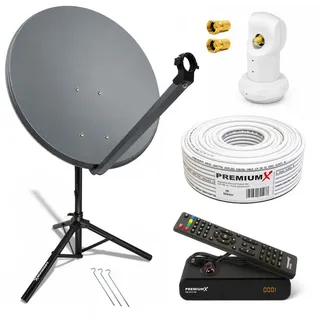 PremiumX Satelliten-Komplettanlage 80cm Satellitenschüssel Anthrazit Single LNB Dreibein-Stativ Kabel Sat-Receiver HDMI-Kabel