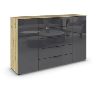Rauch Möbel Flipp, Kommode, Farbe Glas Basalt/Eiche Artisan, Breite 160 cm | Sideboard, 2-türig, 5 Schubladen, Glasfront, Soft-Close-Funktion, für Schlafzimmer, Gästezimmer, Wohnzimmer, Garderobe, Flur
