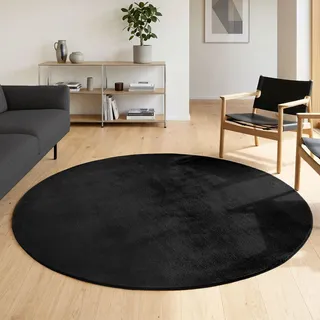 HomebyHome Runder Teppich Schwarz 200 cm Waschbarer Kurzflor Teppich, rund, rutschfest & weich, modernes einfarbiges Design für Wohnzimmer, Schlafzimmer, Küche & Kinderzimmer.