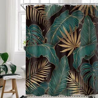 Cinbloo Duschvorhang, tropischer Duschvorhang, abstrakt, smaragdgrün, Palmblätter, hawaiianische Monstera, Badezimmervorhang, modern, botanisch, braun, Pflanze, Badezimmer, Dekoration, Stoff, 12