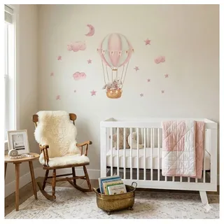 Montegoni Wandsticker Hasen Heißluftballon Wandsticker Babyzimmer Wandtattoo Mädchen (Einzelbogen Set, 1er Set Hasen Wandsticker), Selbstklebend, abnehmbar, wasserfest, rückstandslos entfernbar