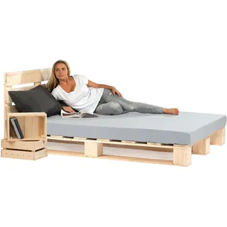 sunnypillow 140x200 cm Palettenbett mit Kopfteil Holzbett Bett aus Paletten Palettenmöbel Naturholz Fichte europalette 80 90 100 120 140 160 180 200 220 240 x 200cm