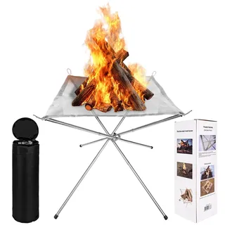 Tragbare Feuerstelle für Outdoor-Camping, 56cm Faltbare Edelstahlgeflecht Feuerstelle Grill-Feuerschale mit Tragetasche für Garten, Camping, Strand, BBQ & Picknick