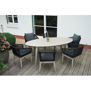 Ploß Arendal Sitzgruppe, schwarz/grau, Rope/FSC-Akazie, 6 Sessel, Tisch 200 x 100 cm, oval