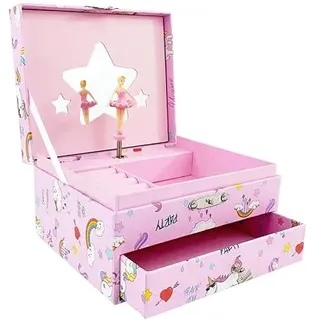 BUOYLA Einhorn Spieluhr Schmuckkästchen für Mädchen - Rosa Ballerina Musik Schmuckkasten mit Schublade, Spiegel und Ringfächern, Kinder Schmuckbox Geschenk für Geburtstag Weihnachten