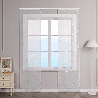 ESLIR Schiebegardinen Voile Flächenvorhänge Set 2er Schiebevorhang Modern Gardinen mit Klettband Gardinenschals Transparent Vorhang mit Silber Heißprägen Design #1 BxH 57x175cm 2 Stück