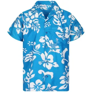 King Kameha Hawaiihemd Hibiscus Funky Hawaii-Hemd Herren Kurzarm Front-Tasche Stylish Unisex blau S