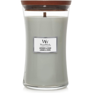 Millefiori WoodWick große Duftkerze im Sanduhrglas mit knisterndem Docht | Lavender & Cedar | Brenndauer bis zu 130 Stunden