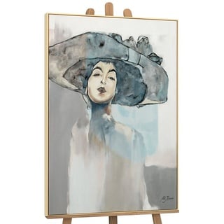 YS-Art Gemälde Bridget, Abstrakte Frau mit Hut Leinwandbild mit Rahmen grün|weiß