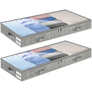 Unterbett Aufbewahrungsbox mit deckel, 2 Stück, Unterbettkommode 10cm hoch | Faltbarer Unterbett Aufbewahrung Flach mit Reißverschluss, Große, Kleideraufbewahrung & Organisation Klarer Fenster Verstärkt