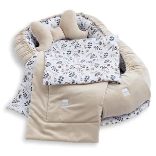 LOOLAY Babynest, Nestchen für Neugeborene – Baby Nestchen 91 × 63 cm mit Decke, Tragbares Nest aus Samtvelours & Baumwolle (BEIGE Velour/Blumen BRAUN)