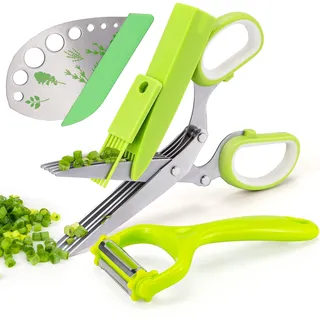 VIBIRIT Kräuterschere, Blattbeizer, Edelstahl-Küchenschere mit 5 Klingen, Schäler für die Küche, zum Hacken von Schnittlauch, Gemüse, Salat, Collard Greens, Petersilie, Rosmarin als Weihnachtsgeschenk