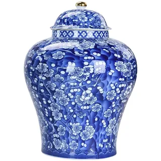 Blau-weier Keramik-Ingwer mit Deckel – moderne Chinoiserie-Vase für Blumenarrangement Orientalécor – Geschenk