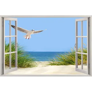 HUBDECO - Wandtattoo - Wanddeko - Selbstklebende Folie - Wandsticker - Fototapete 3d Effekt - Selbstklebende Tapete - Fenster & Meer Motiv - Strand Seemöwe - 90x60cm