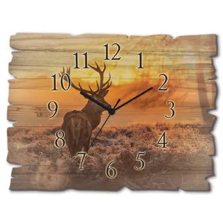 ARTLAND Wanddeko Wanduhr ohne Tickgeräusche aus Holz Funk Uhr lautlos 40x30 cm Rechteckig Landschaft Hirsch Tiere Wald Hirschgeweih D3JI