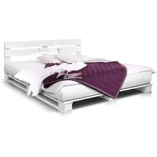 PALETTI Palettenbett inklusive Kopfteil Massivholzbett Holzbett Bett aus Paletten mit 11 Leisten, Palettenmöbel Made in Germany, 180 x 200 cm, Fichte Weiss