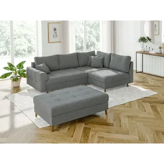 s-style möbel Viggo - Ecksofa Mit Schlaffunktion Und Hocker Mit Braun Holzfüßen Im Skandinavischen Stil Aus Grau Boucle-stoff