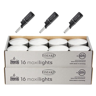 EDZARD 32 Maxi Teelichter ø 58 mm, weiß, ohne Duft, Aluminiumhülle, Brenndauer 10 Stunden - plus 3 Mini-Stabfeuerzeuge Länge 11 cm