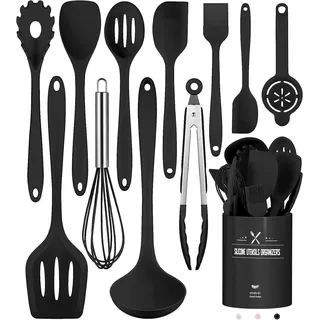 Küchenhelfer Set, 12-teiliges Silikon Kochutensilien Kochbesteck Set, Hitzebeständiger Kochgeschirr mit Utensilienhalter, Antihaft Kochset Küchenutensilien, Spülmaschinenfest - Schwar