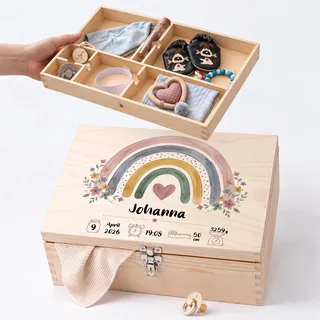 LOOXIS Erinnerungsbox Baby personalisiert aus Holz – Babybox mit UV-Druck, Name & Geburtsdaten, Inlay-Fächer, Geschenk zur Geburt oder Taufe – Regenbogen, Klein - 12 Liter