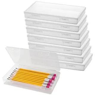 HEIYUET 8 Stück Kunststoff Stiftebox mit Klappdeckel, Transparent | 19,5x11,5x3cm Stifte Aufbewahrungsbox mit Deckel, Stapelbare Stifteboxen Organizer für Büro Bürobedarf