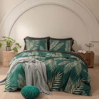 Luofanfei Bettwäsche 200x220cm Dunkelgrün Gold Blätter Muster Wendebettwäsche Weiche Microfaser Blätter Motiv Bettbezug Set mit Verdecktem Reißverschluss und 2 Kissenbezüge 80x80 cm