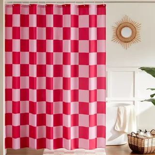 YEGRFJIS Niedlicher Retro-Duschvorhang in Rosa und Rot mit Karomuster, kreative Badezimmerdekoration mit Haken, schnelltrocknender, waschbarer und wasserdichter Stoff (180x218 cm/B x H)