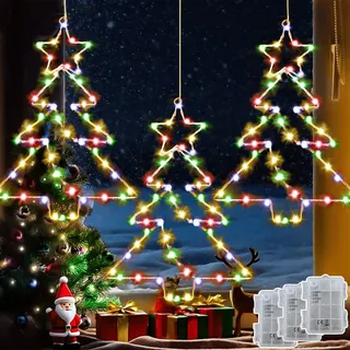 Joycome Weihnachtsdeko Fenster 3 Stück 55 LED Hängend Weihnachtsbaum Fensterbeleuchtung mit Timer, Weihnachtsbeleuchtung Außen Batterie Wasserdicht Led Stern Fenster für Aussen Innen Deko - Mehrfarbig