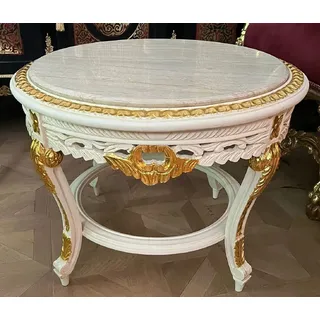 Casa Padrino Barock Couchtisch mit Marmorplatte Weiß / Gold / Creme - Runder Massivholz Wohnzimmertisch im Barockstil - Barockstil Wohnzimmer Möbel - Barock Möbel - Antik Stil Wohnzimmer Möbel