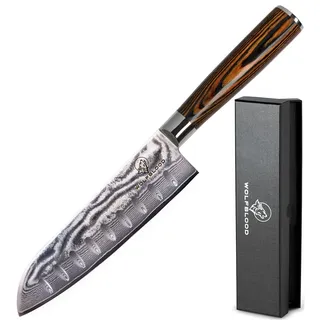 Wolfblood Damastmesser XL 30 cm Santokumesser | Echter 67 Lagen Damaststahl | 62±2 HRC TÜV-geprüfter, optimierter VG-10 Stahl | Damast Küchenmesser 30 cm mit 16,5 cm Klinge, Klingenschutz & Geschenkbox