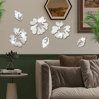 6er-set Silberne Spiegel-wandaufkleber Mit Blumenmotiv, Moderne Wohnzimmer-wanddekoration, Badezimmer-spiegel-blumendeko