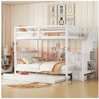 MODFU Etagenbett Kinderbett (Treppenregal, ausgestattet mit ausziehbares Rollbett, hohe Geländer, 140*200cm), ohne Matratze weiß