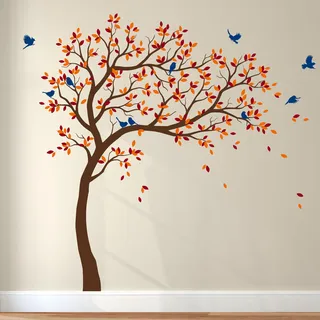 Großer Baum Wandaufkleber Kinderzimmer - Baum Aufkleber mit Vögeln, Äste nach rechts, Vinyl Wandsticker Wandtattoo - Braun, Hellorange, Dunkelrot, Blau