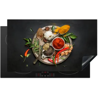 KitchenYeah© Herdabdeckplatte Einteilig Küche Glaskeramikkochfeld Abdeckplatte Glaskeramikkochfeld Abdeckung Induktionskochfeld Schutzmatte Gewürze - Paprika - Löffel - Kräuter - Gemüse - 90x52 cm