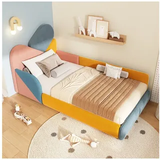 Flieks Polsterbett, Kinderbett 90x200cm mit gepolstertem mehrfarbigem Kopfteil