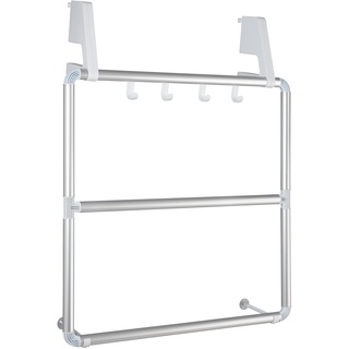 WENKO Handtuchhalter für Tür und Duschkabine Compact - mit 3 Querstangen und 4 Haken, Aluminium, 62.5 x 78 x 14.5 cm, Silber matt