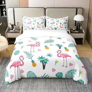 Loussiesd Bettwäsche Tropisch Flamingo Blätter Bettbezug Set Tropisch Flamingo Blätter Bettwäsche 135x200cm 100% Baumwolle mit 1 Kissenbezug Reißverschluss