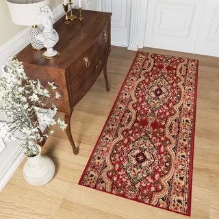 TAPISO Atlas Teppich Läufer Meterware Brücke Flur Kurzflor Küche Wohnzimmer Klassisch Floral Streifen Rot Beige Schlafzimmer ÖKOTEX 120 x 200 cm