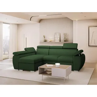 MIRJAN24 Ecksofa Boston Mini Premium Cord 2RLC, mit Bettkasten und Schlaffunktion, Verchromte Metallfüße, Einstellbare Kopfstützen grün