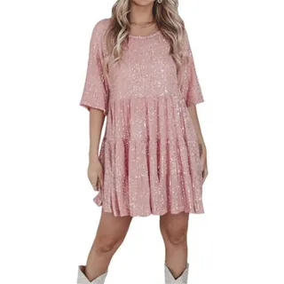 Vimlo Damen-Minikleid mit Glitzer, glitzernden Pailletten, Halbarm, hohe Taille, Kurze Kleider, abgestuftes Babydoll-Kleid, Party, Clubwear (Color : Pink, Size : L) - L